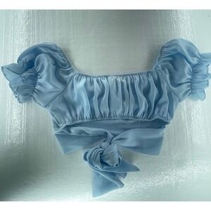 Europa Off Shoulder Crop Top Tie Front Puff Sleeve Blouse‎ Blue Size Unknown